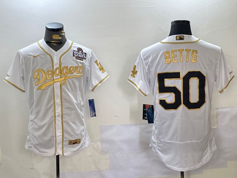 Men Los Angeles Dodgers #50 Betts White Gold Elite 2024 Nike MLB Jersey style 2